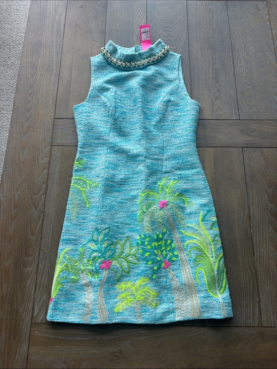 Lilly Pulitzer Dresses & Skirts - Lilly Pulitzer Aqua Blue Palm Tree Embroidered Shift Dress with Pearl Collar
